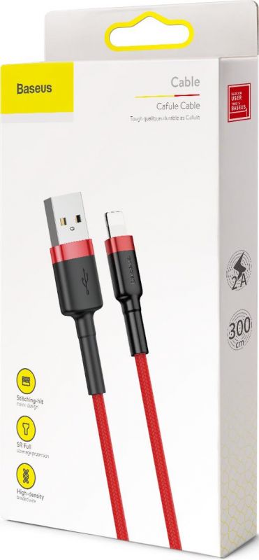 Дата кабель Baseus Cafule Lightning USB 3m black-red